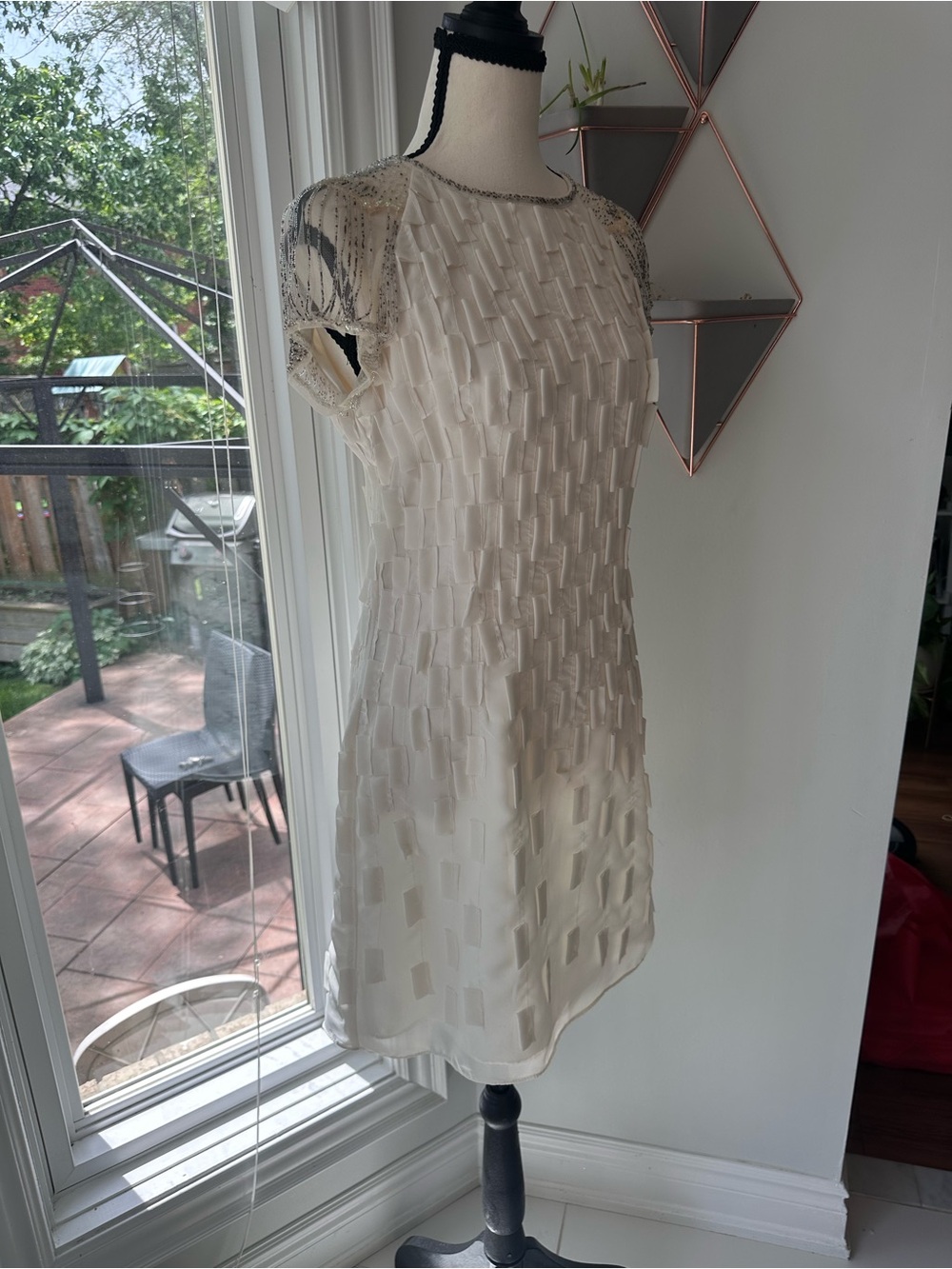 VINTAGE HANDMADE Ivory White Beaded Shift Dress Bridal Shower Wedding Size Small